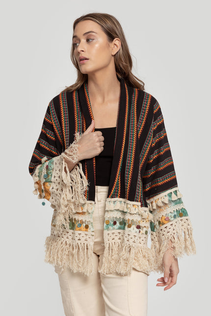 KIMONO BOHO AVEC POMPONS